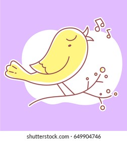 Vector spring illustration of beautiful singing bird on purple background sitting on a branch with notes and cloud. Flat line art style bird for print, web, site, romantic banner, greeting card