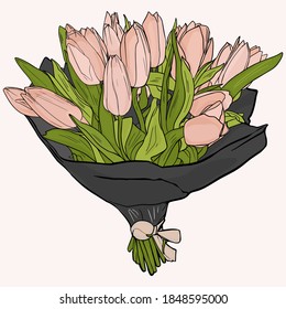 Vector spring illustration of a bouquet of tulips isolated on white background. Flower blank for designers, postcard, logo, clothing, textiles