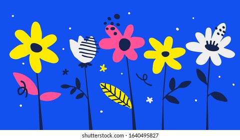 Vector spring illustration with chamomile and tulip flower on blue background. Flat style design with beautiful color flower for web, site, greeting card, banner, poster