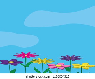 Vector spring illustration. Colorful flowers on Blue sky background