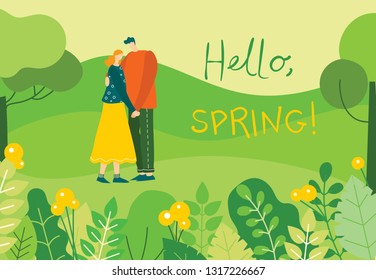 Vector Spring illustration with couple in love holding hands in the forest  with lanscape in the flat design 