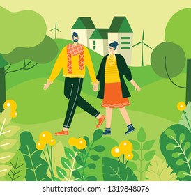 Vector Spring illustration with couple in love holding hands and walking in the forest with eco lanscape in the flat design