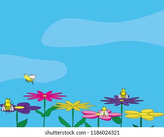 Vector spring illustration. Cute bees on colorful flowers