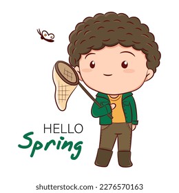 Vector spring illustration of cute boy holding stretchable butterfly net and looking butterfly, Spring hand drawn sketch style card template.