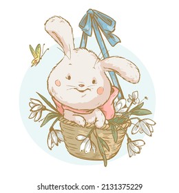 Vector spring illustration of cute bunny sit in basket with flowers isolated. Vintage hand drawn sketch style. For cards, prints, posters, banners etc.