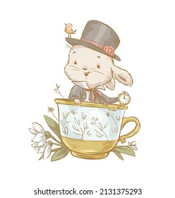 Vector spring illustration of cute bunny in top hat and suit with pocket watch sitting in huge tea cup isolated. Vintage hand drawn sketch style. For cards, prints, posters, banners etc.