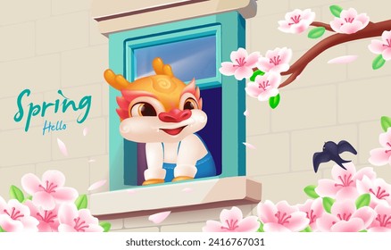 Vector Spring illustration Cute dragon enjoying pink flowers by the window