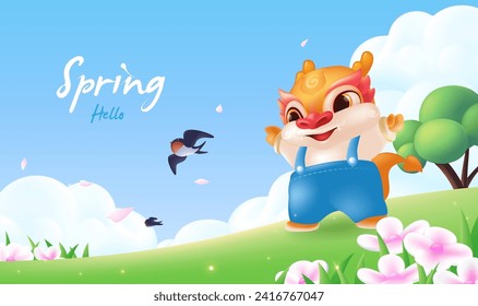 Ilustración del muelle vector dragón lindo dragón parado en la ladera de la colina