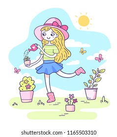 Vector spring illustration of a cute girl in a hat with can is watering a plant in a pot on the green lawn. Hand drawn flat line art style design of beautiful girl for web, site, card, poster