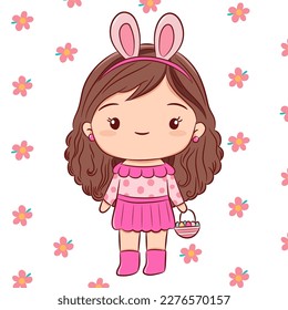 Vector spring illustration of cute girl holding easter eggs basket in flower background, Spring hand drawn sketch style card template.