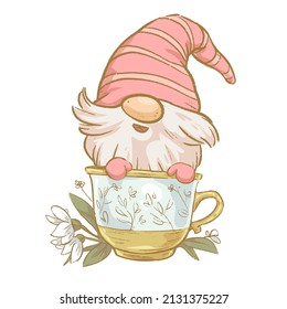 Vector spring illustration of cute little gnome sit in tea cup with flowers isolated. Vintage hand drawn sketch style. For cards, prints, posters, banners etc.