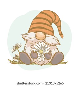 Vector spring illustration of cute little gnome sit with chamomile flowers isolated. Vintage hand drawn sketch style. For cards, prints, posters, banners etc.