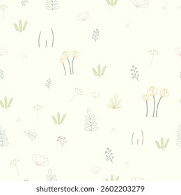 Vector spring illustration with flowers, leaves and twigs on a light background. Summer background for decorating paper and fabrics, light repeating pattern of plants, space for copy