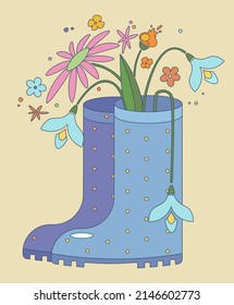 Vector spring illustration flowers in rubber boots for posters and postcards