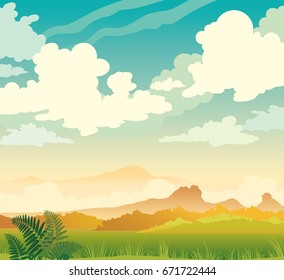 Vector spring illustration. Nature morning landscape. Silhouette of mountains, green grass, fern and cumulus clouds on a blue sky. 