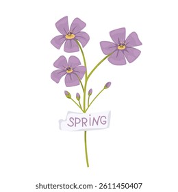 Vector spring illustration with purple flower on white background.
