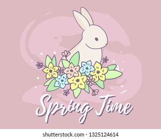 Vector spring illustration with rabbit and many flower on pink background with text. Spring time line art design for web, site, greeting card, poster, print