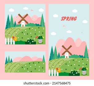 Vector spring illustration for social media. Banner of landscape for advertising. Stories and photo for social media.
