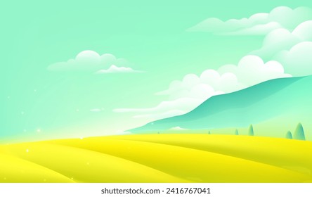 Vector spring illustration sunny countryside and golden fields