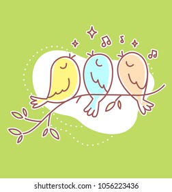 Vector spring illustration of three beautiful singing bird sitting on a branch with cloud on green background. Flat line art style bird for print, web, site, gift card, romantic banner, greeting card