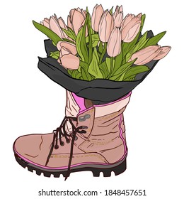 Vector spring illustration of tulips in a rough boot on a white background. Flower blank for designers, postcard, logo, clothing, textiles