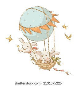 Vector spring illustration of two cute bunny flying on big air balloon isolated. Vintage hand drawn sketch style. For cards, prints, posters, banners etc.