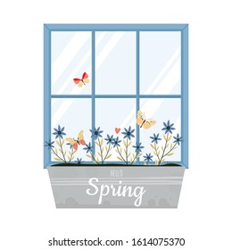 Vector spring illustration with window and flower box in flat style.