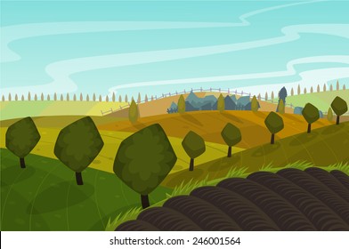 Vector spring landscape background with green fields, trees and village in the distance