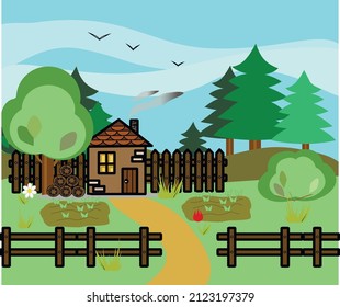 Vector spring landscape with country house