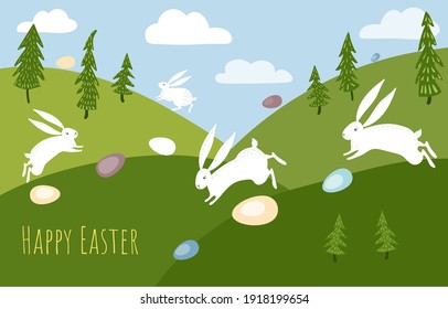 Vector spring landscape with fields and trees. White rabbits run through the meadows with eggs. Easter scene.