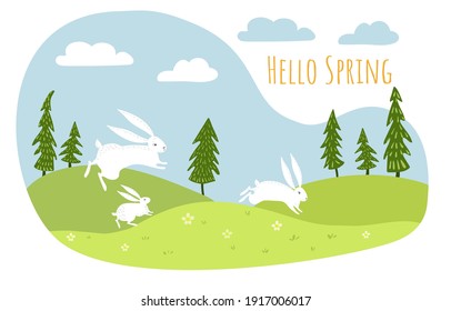 Vector spring landscape with flower fields. White hares run through the meadows. 