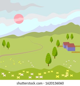 Vector spring landscape with green meadow, yellow and pink flowers, trees, two village houses, road, far mountains, clouds and sun on the sky