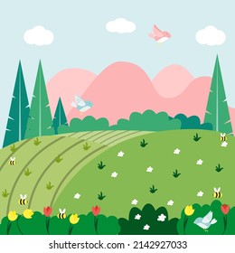 Vector spring landscape. Spring illustration in flat style.