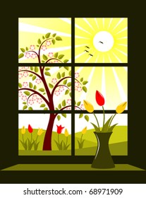 vector spring landscape outside window