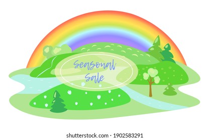 Vector spring landscape with rainbow for seasonal sale or card