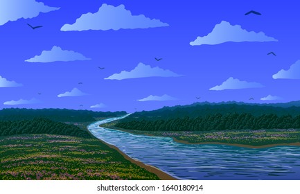 Vector spring landscape. River among flowering fields and forests.