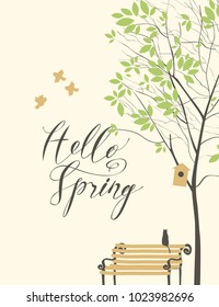 Vector spring landscape with tree, birds, birdhouse and bench with a cat and handwritten inscription Hello Spring