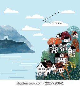 Vector spring landscape with village and lake