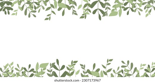 Vector spring leaves decorative border isolated on white background. Border frame template with eco herb organic decoration. Space for text in the middle