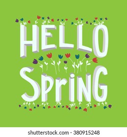 Vector spring lettering in cute cartoon style. Modern banner template on spring season with hand drawn flowers. Lettering with volumetric letters