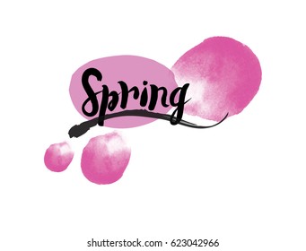 Vector Spring lettering with pink petals of cherry blossom. Handmade watercolor illustration.