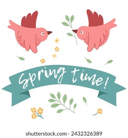 Vector spring lettering for stickers, postcards, banners or posters Hello spring! Floral springtime hand drawn prints design