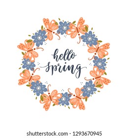 Vector Spring lettering with wreath. Spring flower and butterflyes. Vector illusration