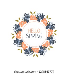 Vector Spring lettering with wreath. Spring flower and butterflyes. Vector illusration