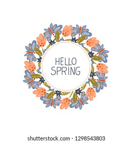 Vector Spring lettering with wreath. Spring flower and butterflyes. Vector illusration