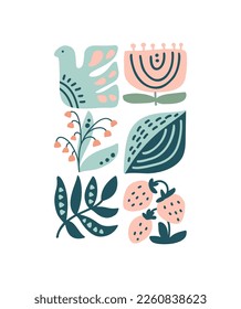 Vector spring logo composition ethnic pattern of flower, bird, leaf, branch, strawberry. Cute boho illustration in hand drawn nordic constructor for scandinavian greeting card.