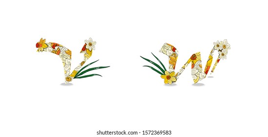 Vector spring narcissus flower alphabet. Realistic lettering, yellow and white color. Summer and spring cute colors. Romantic and fresh. W,V letters