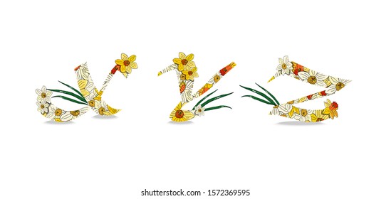 Vector spring narcissus flower alphabet. Realistic lettering, yellow and white color. Summer and spring cute colors. Romantic and fresh. X,Y,Z letters