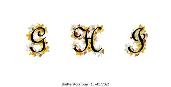 Vector spring narcissus flower alphabet. Realistic lettering, yellow and white color. Old gothic style. Summer and spring cute colors. Romantic and fresh. G,H I letters
