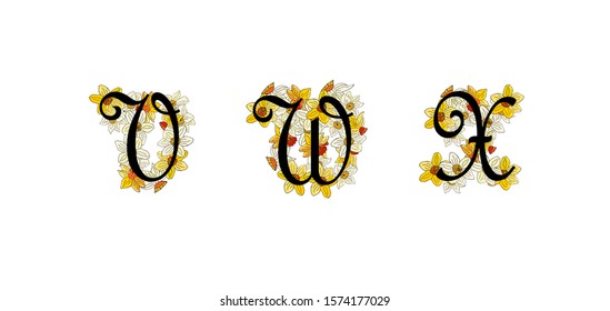 Vector spring narcissus flower alphabet. Realistic lettering, yellow and white color. Old gothic style. Summer and spring cute colors. Romantic and fresh. V, W, X letters